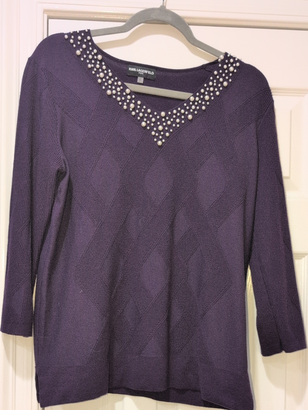 Karl Lagerfeld Purple V-Neck Sweater with Pearl Beading